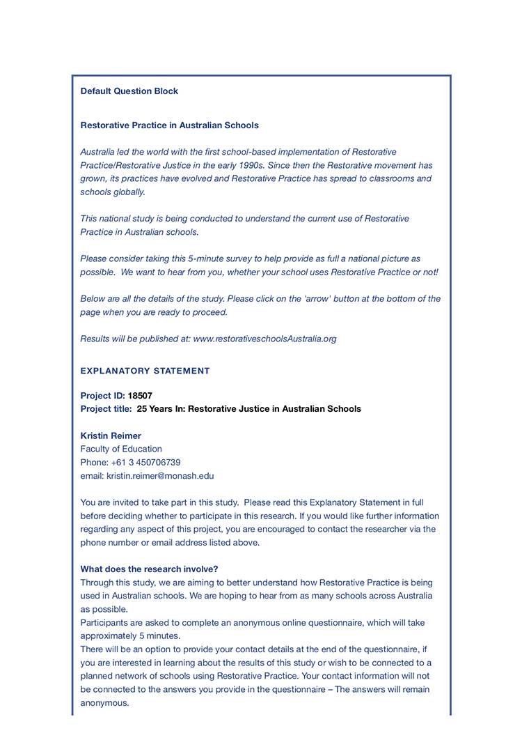 Page One of Restorative Practices in Schools in Australia Survey