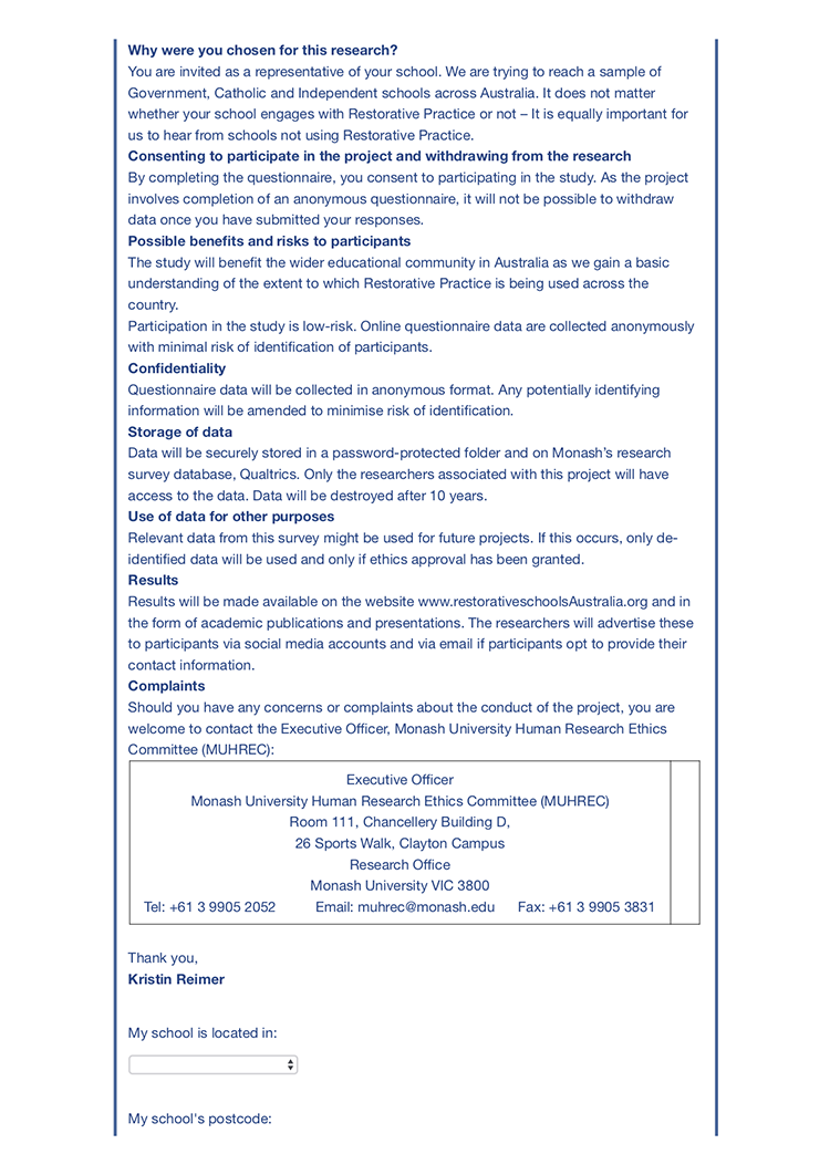 Page Two of Restorative Practices in Schools in Australia Survey